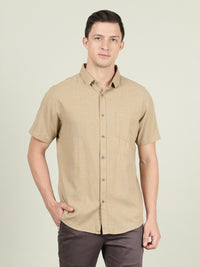 Khaki Brown Checked Half Sleeve 100% Cotton Shirt
