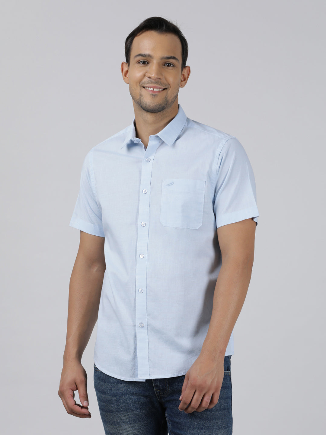 Casual Sky Blue Half Sleeve Regular Fit Solid Shirt with Collar for Men