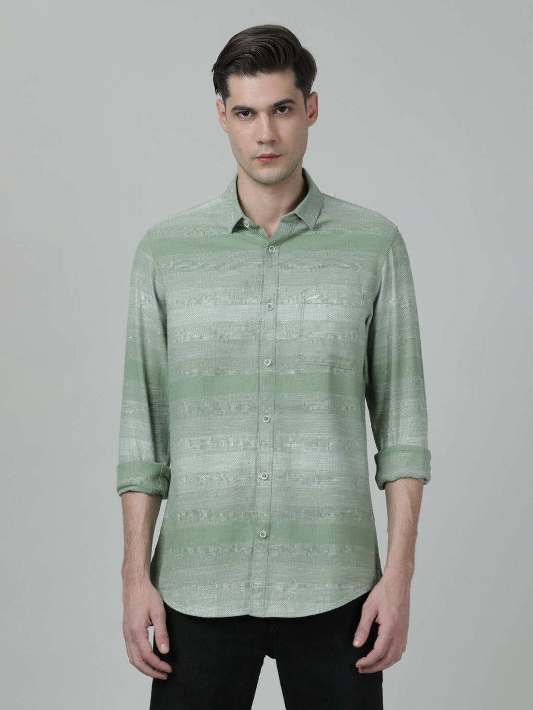 Casual  Stripe Comfort Fit Full Sleeve Green Shirt with Collar