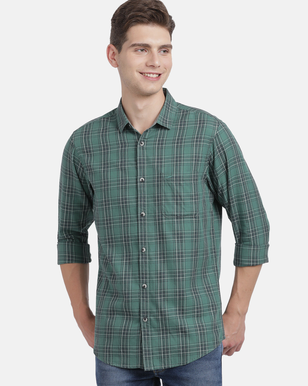 Crocodile Men's Casual Full Sleeve Slim Fit Checks Green With Collar Shirt Online