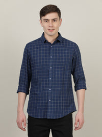 Casual Indigo Navy Checked Full Sleeve 100% Cotton Shirt