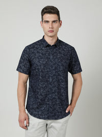 Navy Printed Half Sleeve 100% Cotton Shirt
