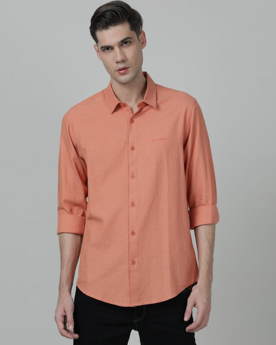 Casual Solid Comfort Fit Full Sleeve Peach Shirt with Collar