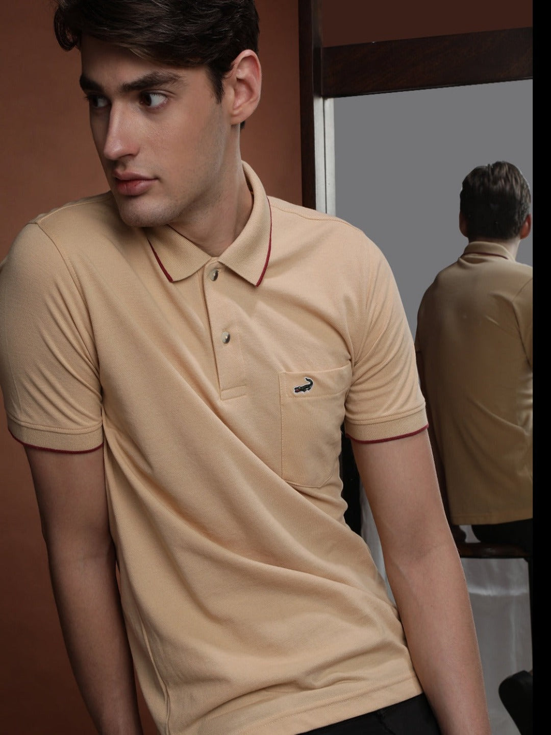 Men's Solid Polo Half Sleeve Slim Fit Cotton T-Shirt - Oat Milk