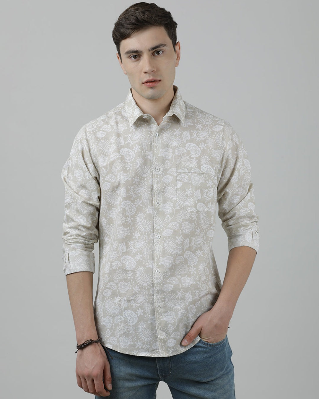 Casual Full Sleeve Slim Fit Printed Shirt Beige for Men