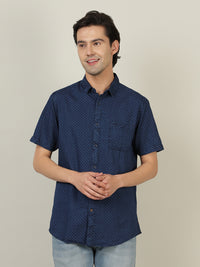 Indigo Navy Printed Half Sleeve 100% Cotton Shirt