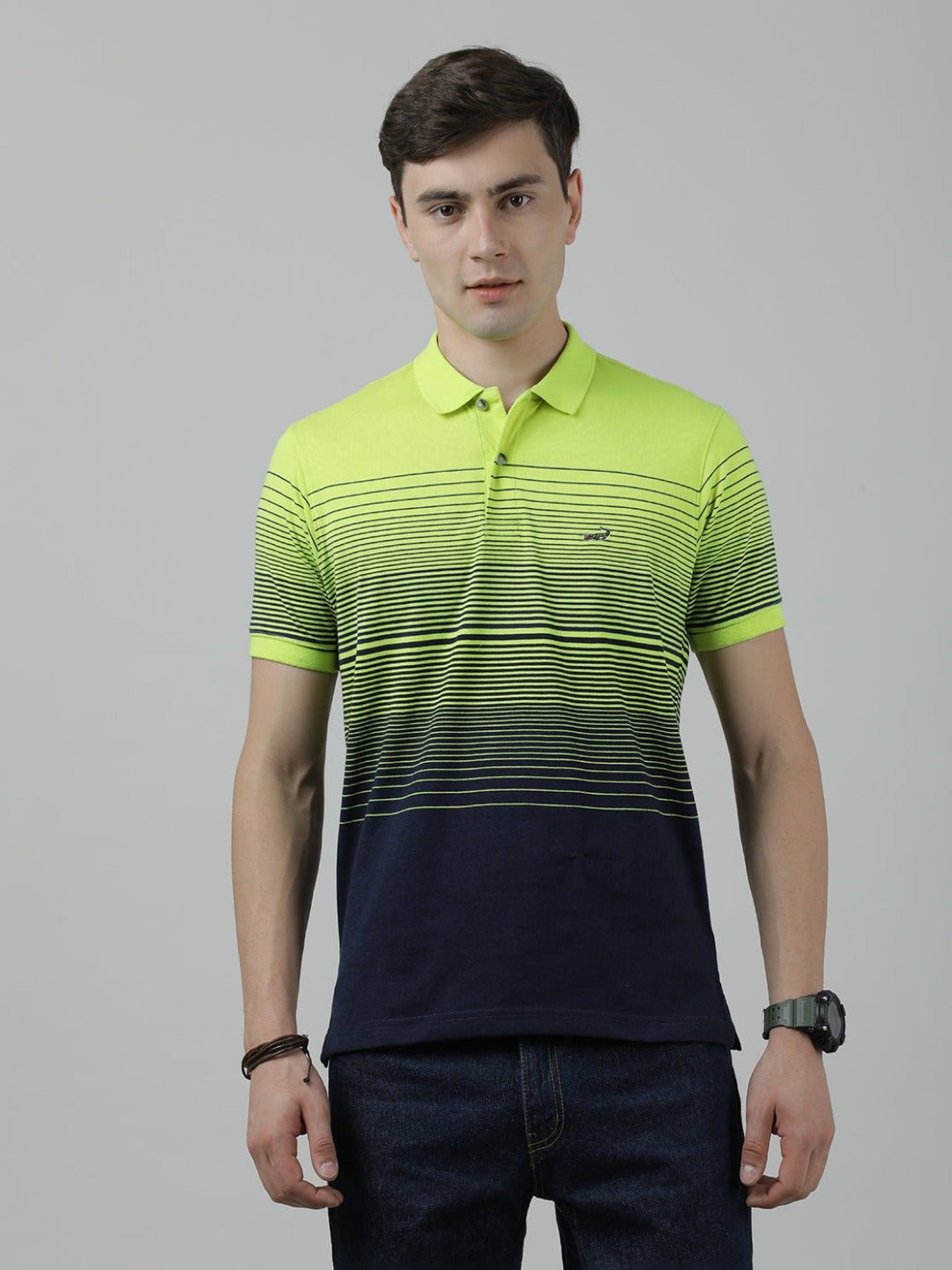Casual Blue T-Shirt Half Sleeve Slim Fit Jersey Engineering Stripe with Collar for Men