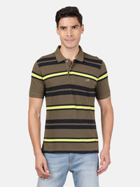 Dark Olive Green Striped Polo T-Shirt