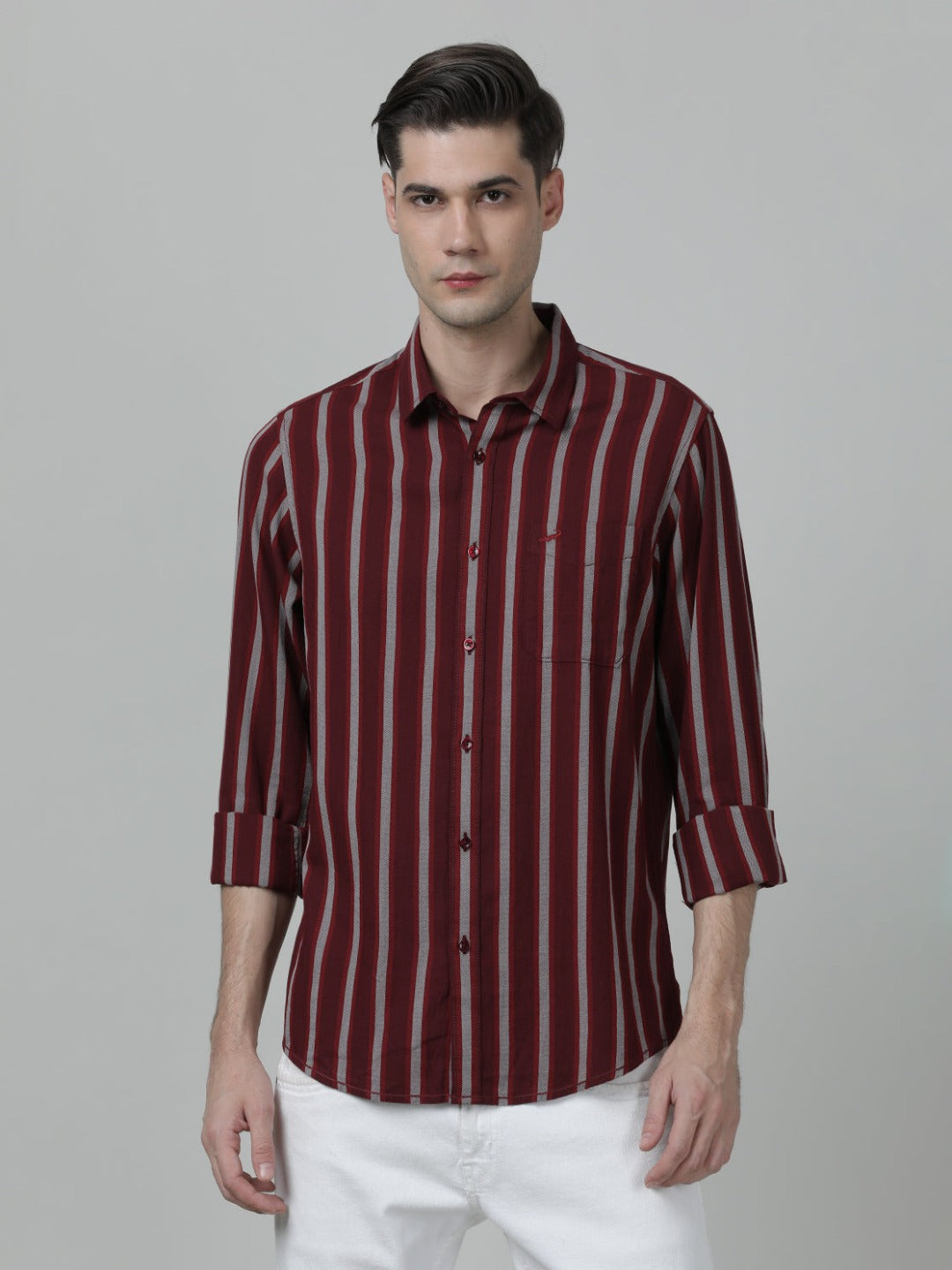 Casual Stripe Comfort Fit Full Sleeve Maroon Shirt with Collar