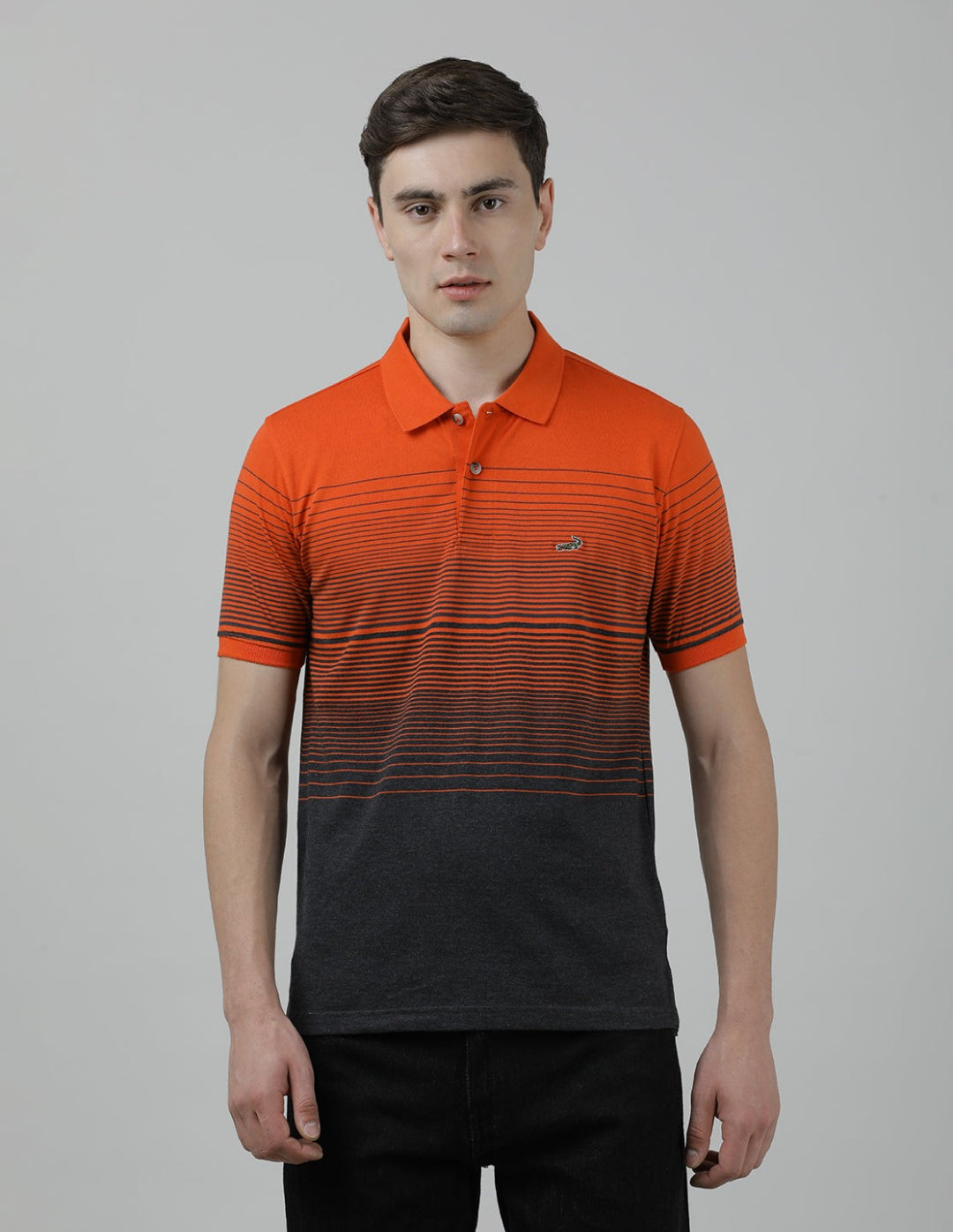 Casual Orange T-Shirt Half Sleeve Slim Fit Jersey Engineering Stripe with Collar for Men