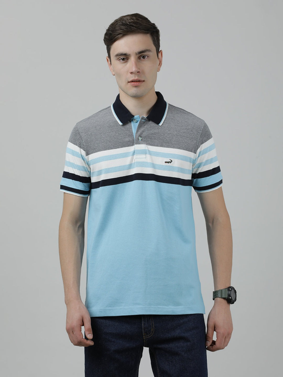 Casual Light Blue T-Shirt Engineering Stripes Half Sleeve Slim Fit with Collar for Men