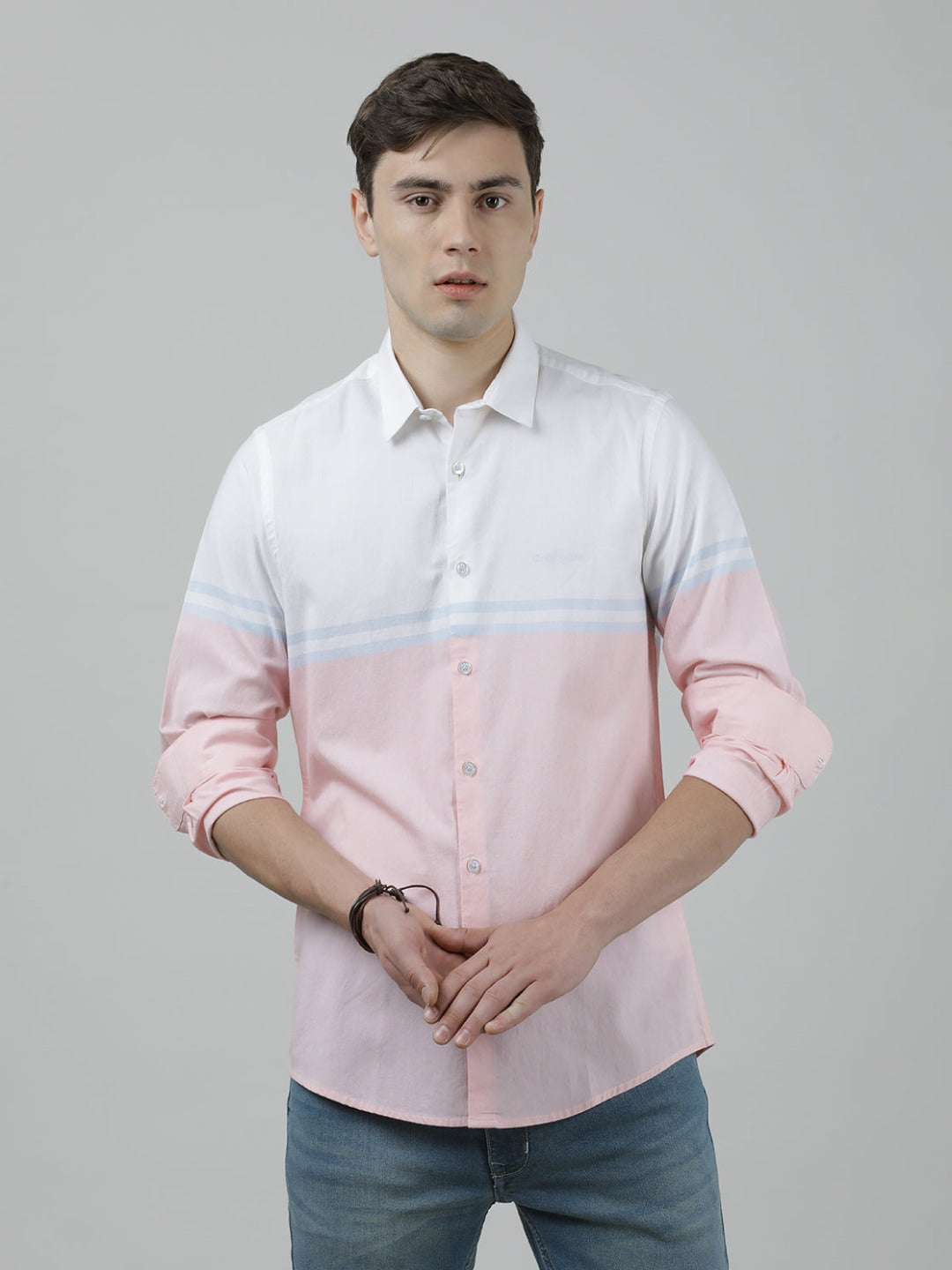 Casual White Full Sleeve Slim Fit Stripe Shirt with Collar for Men