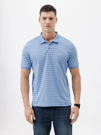Popcorn Jacquard Striped Polo T-Shirt In Blue