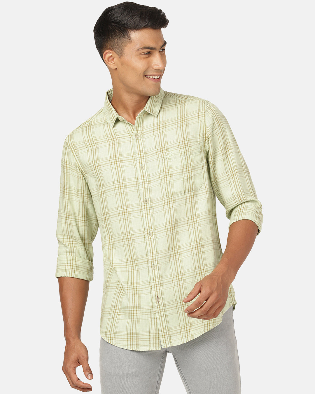Crocodile Full Sleeve Comfort Fit Checks Green Shirt for Men