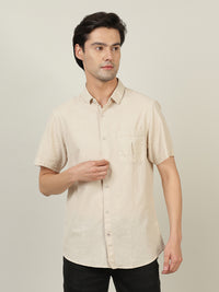 Solid Half Sleeve Linen Shirt Beige