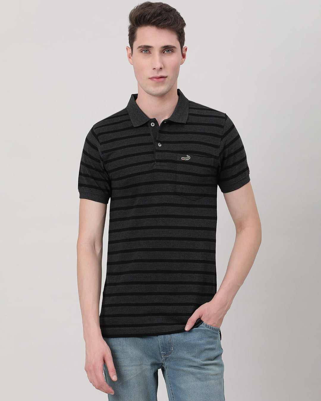 Casual Black T-Shirt Striper Half Sleeve Slim Fit with Collar