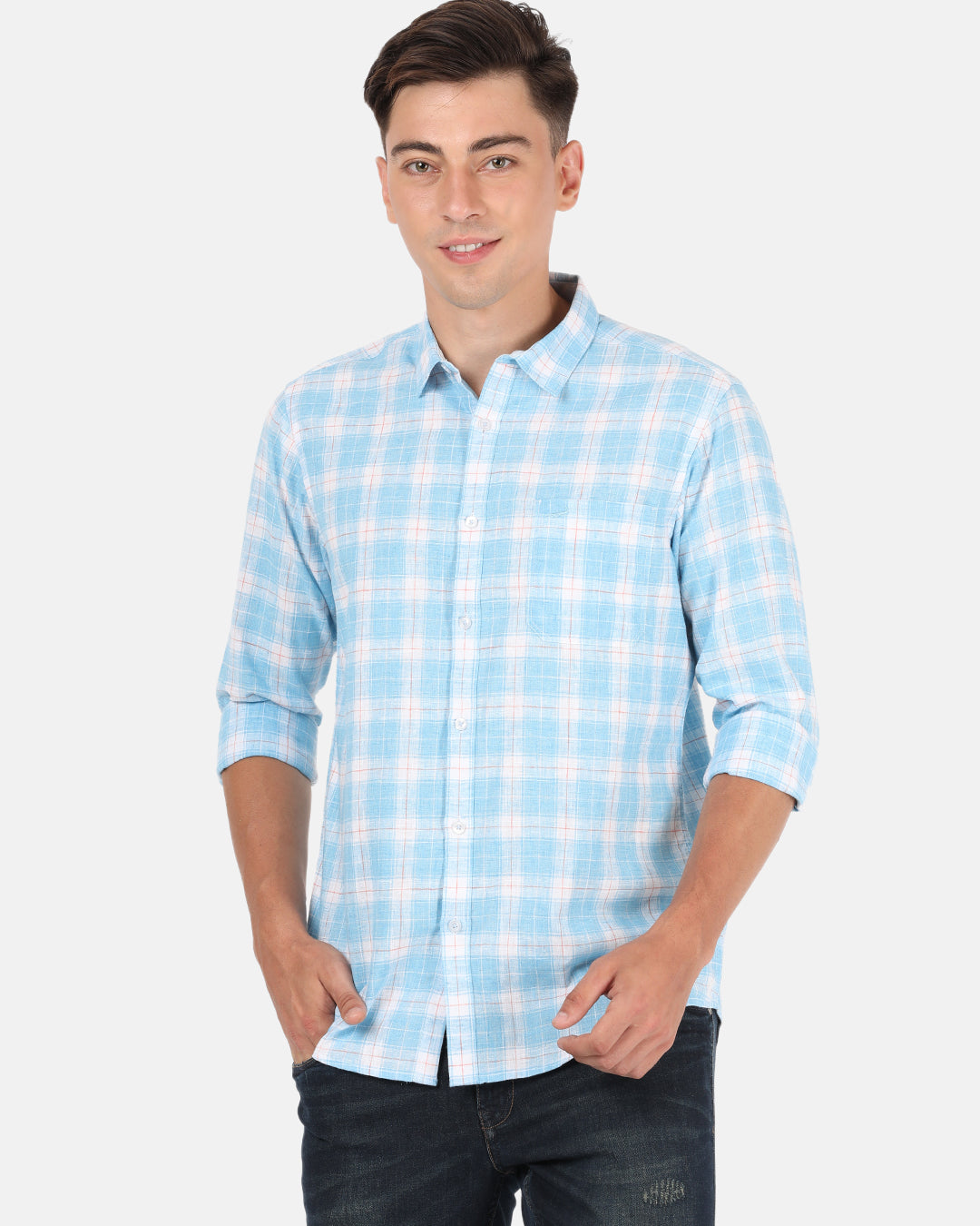 Crocodile Casual Full Sleeve Comfort Fit Checks Light Blue with Collar Shirt for Men