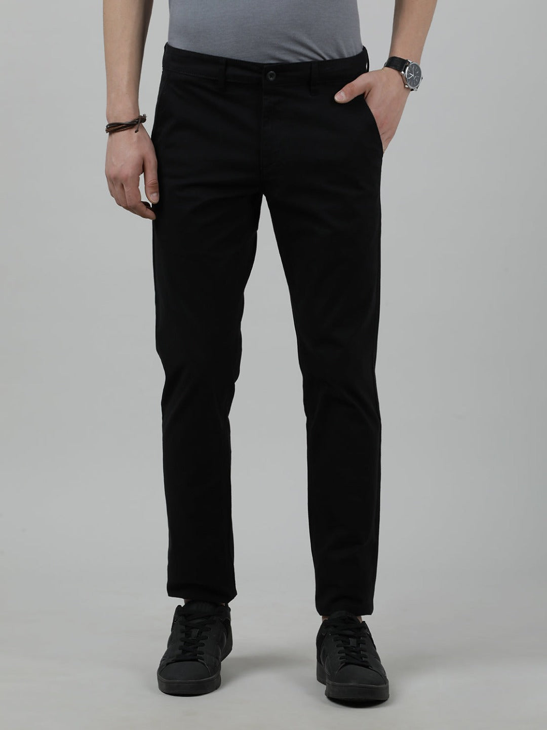 Casual Slim Fit Solid Black Trousers for Men