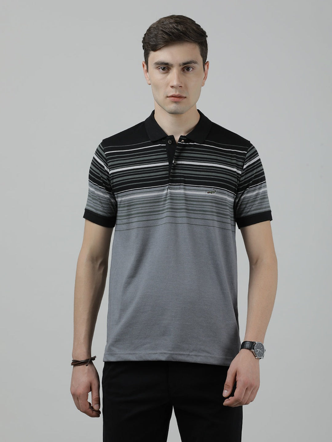 Casual Black T-Shirt Half Sleeve Slim Fit Jersey Engineering Stripe with Collar for Men