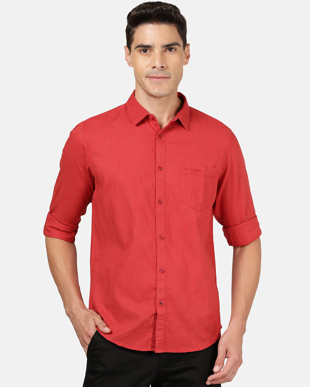 Crocodile Casual Full Sleeve Comfort Fit Solid Red with Collar Shirt for Men