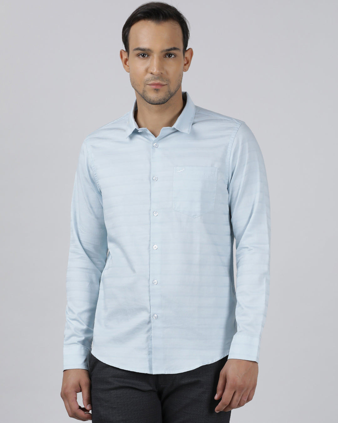 Casual Light Blue Full Sleeve Regular Fit Solid Shirt with Collar for Men