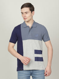 Grey Melange Colourblocked Casual Polo T-Shirt