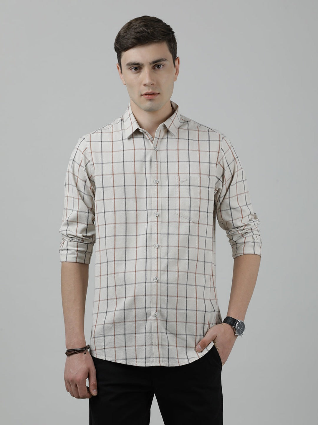 Casual Full Sleeve Comfort Fit Checks Shirt Beige for Men