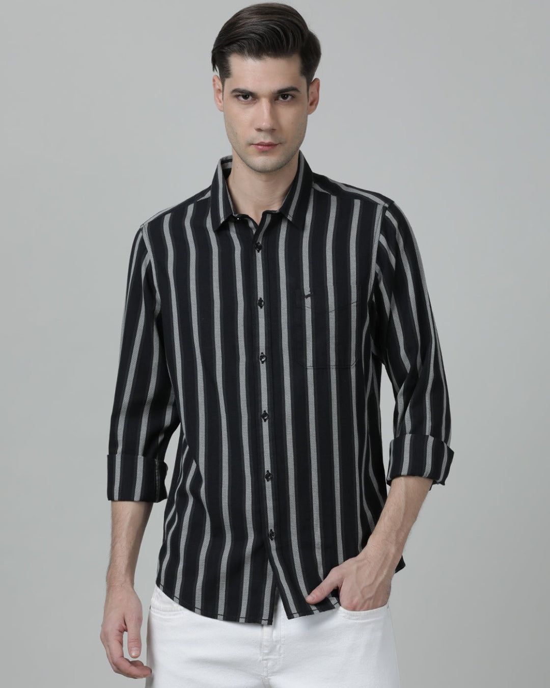 Casual Stripe Comfort Fit Black Full Sleeve Shirt with Collar