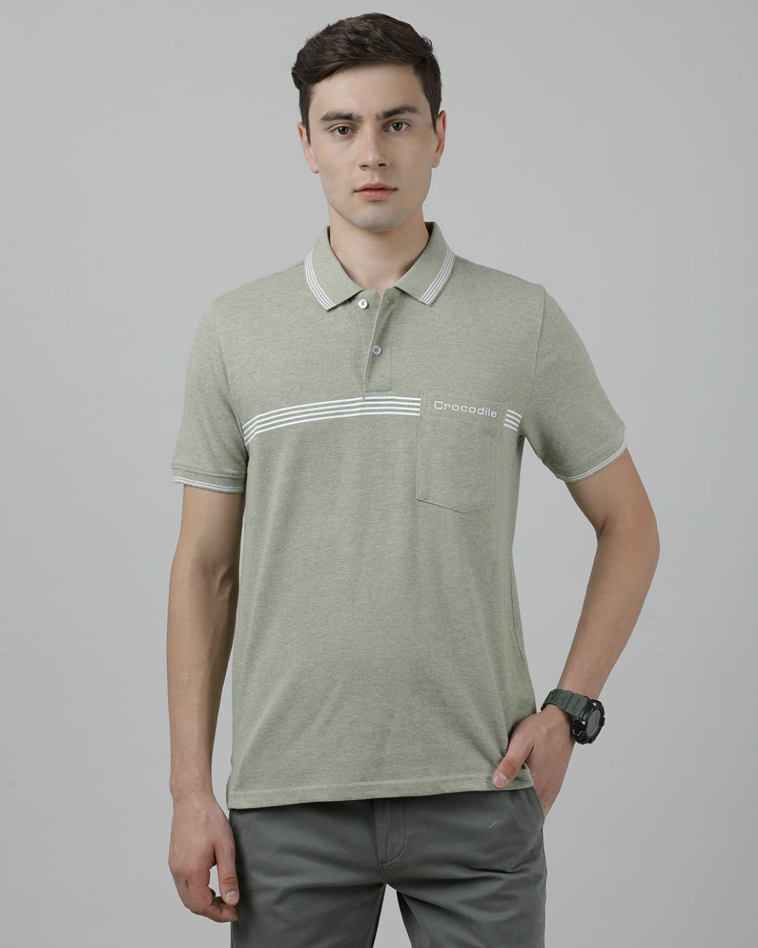 Casual Green Solid Polo Melange Printed T-Shirt Half Sleeve Slim Fit with Collar for Men