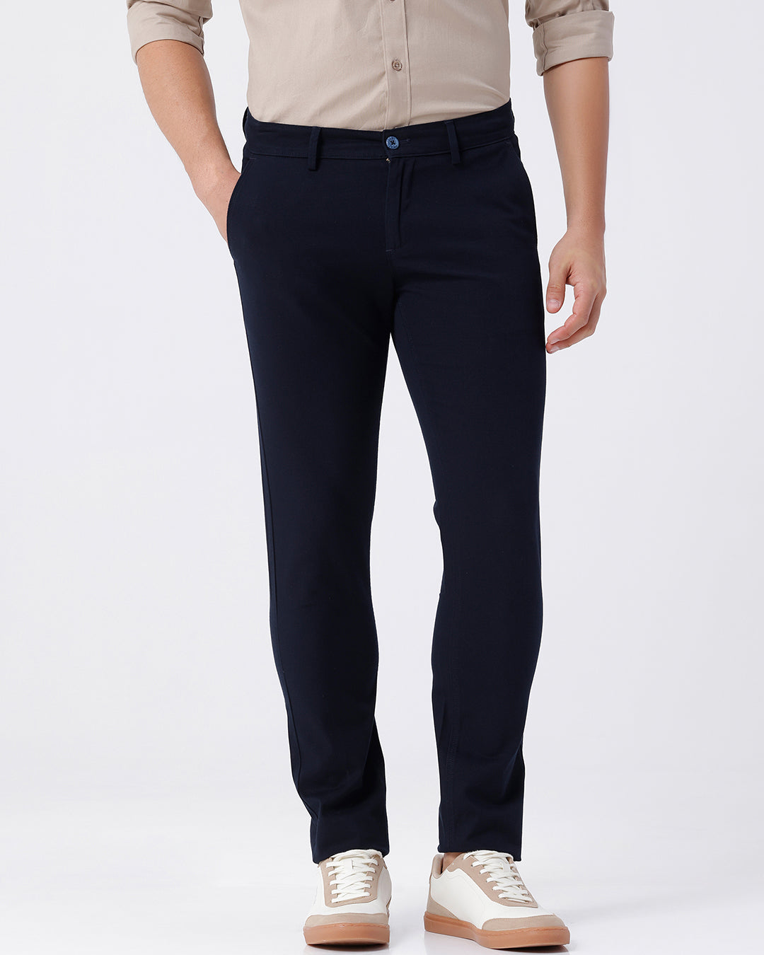 Man wearing a red textured essential chinos navy with casual styling on a gray background