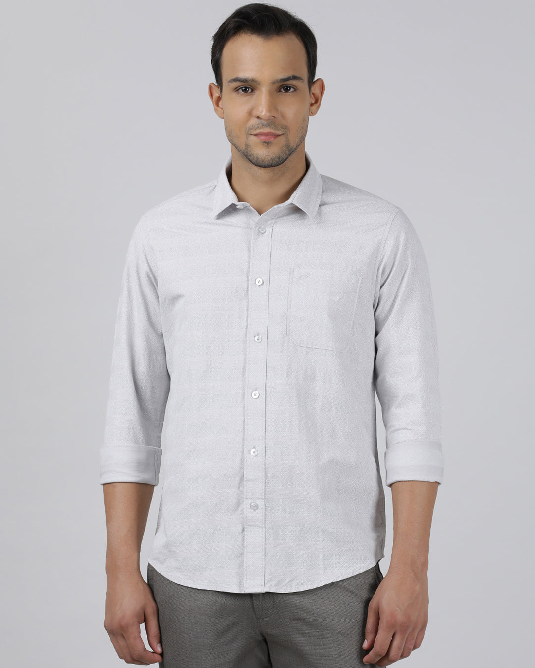 Casual Grey Full Sleeve Regular Fit Print Shirt with Collar for Men