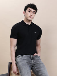 Casual Solid Black Polo T-Shirt with Pocket