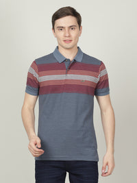 Blue Grey Striped Polo T-Shirt