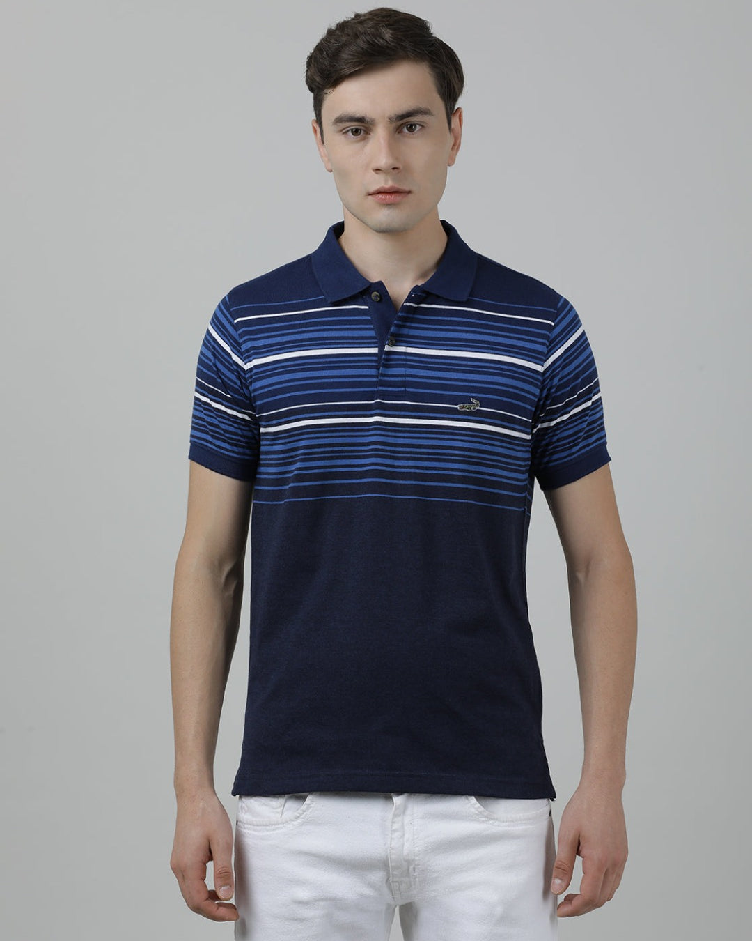 Casual Blue T-Shirt Half Sleeve Slim Fit Jersey Engineering Stripe with Collar for Men