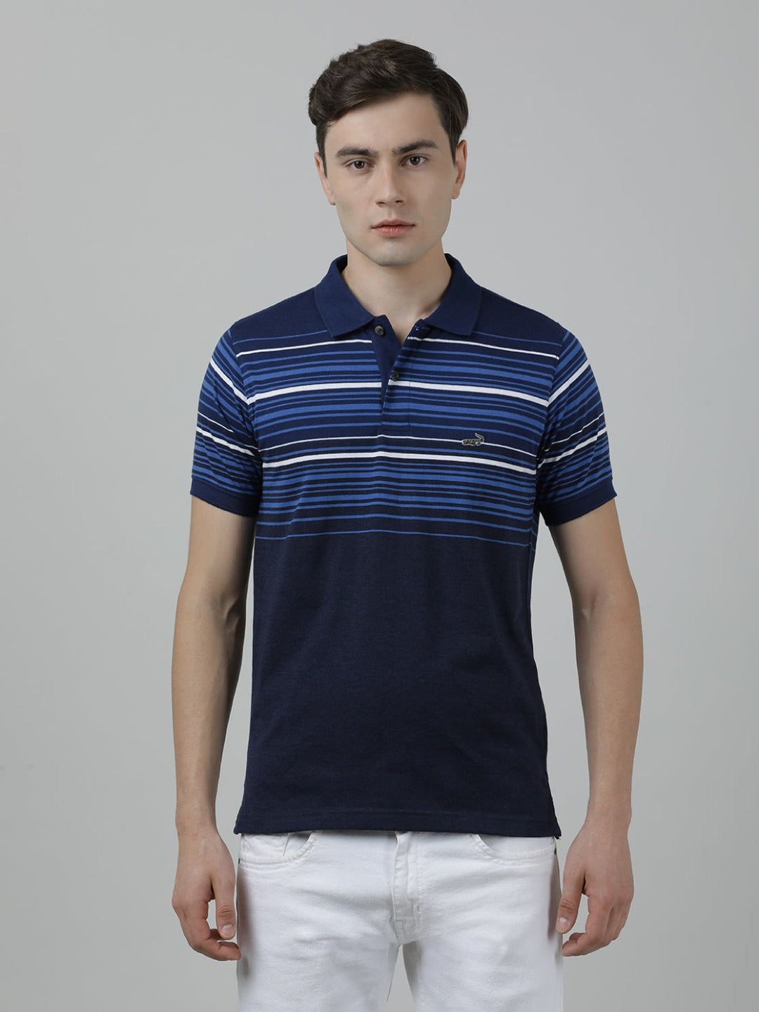 Casual Blue T-Shirt Half Sleeve Slim Fit Jersey Engineering Stripe with Collar for Men