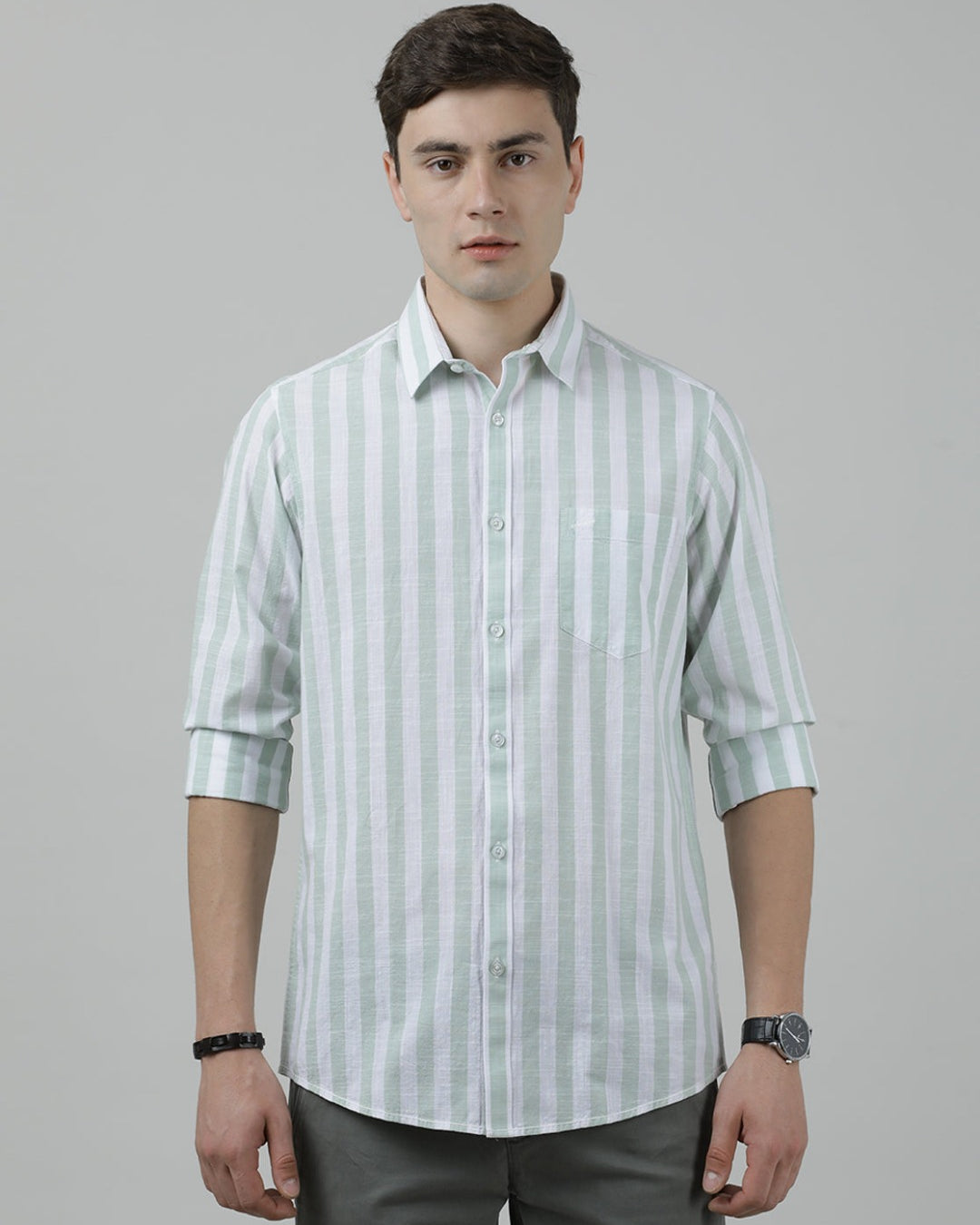 Casual Full Sleeve Comfort Fit Stripe Shirt Green for Men