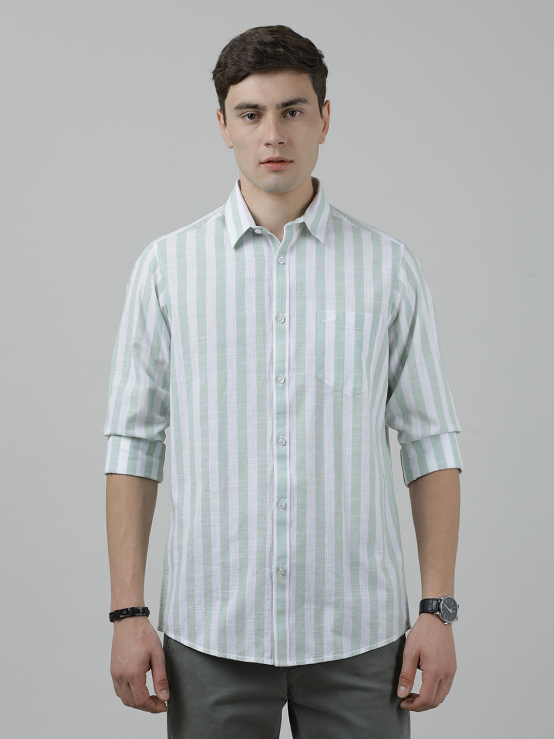 Casual Full Sleeve Comfort Fit Stripe Shirt Green for Men
