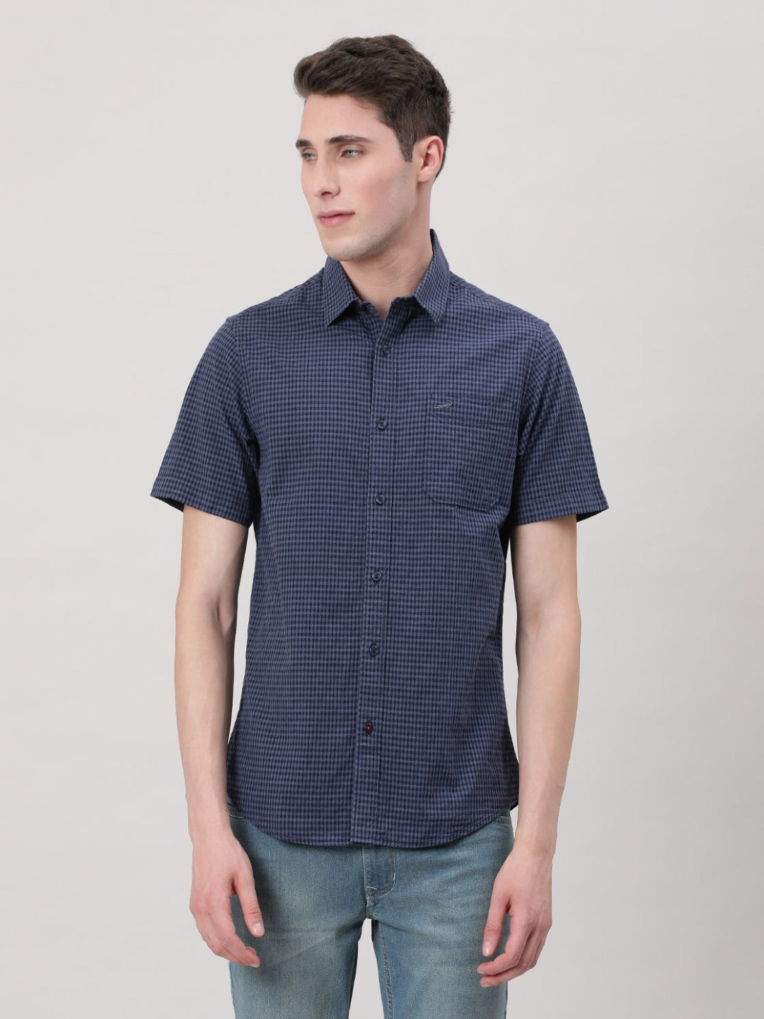 Casual Navy Half Sleeve Comfort Fit Checks Shirt with Collar for Men