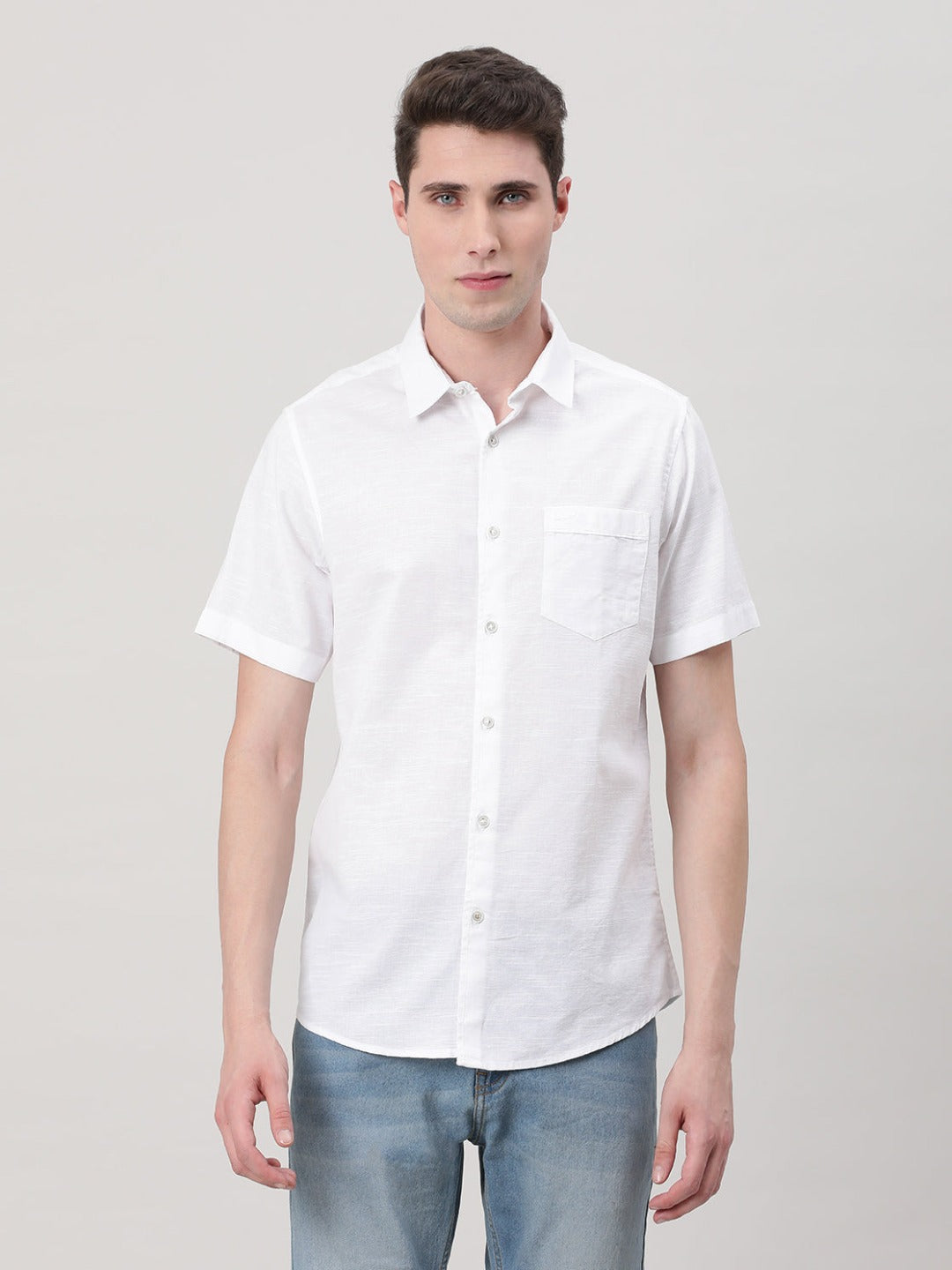 Casual Half Sleeve Comfort Fit Textured plain shirt White with Collar