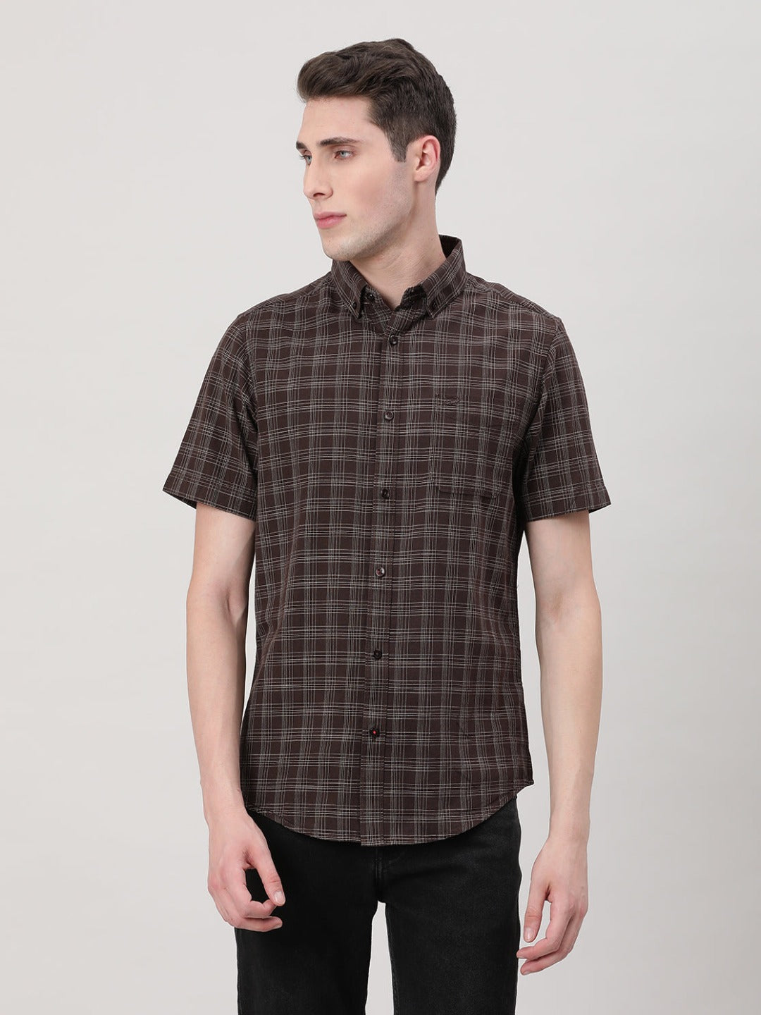 Casual Half Sleeve Comfort Fit Checks Shirt Brown with Collar