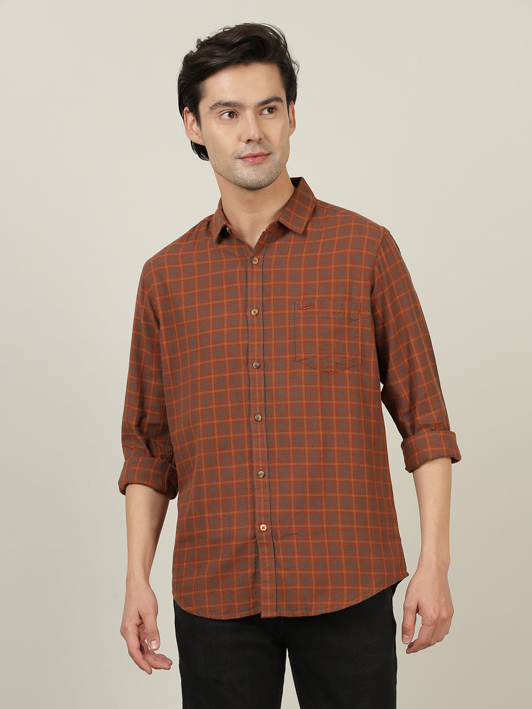 Crocodile Men Brown Cotton Checked Shirt