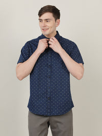 Indigo Navy Printed Half Sleeve 100% Cotton Casual Shirt