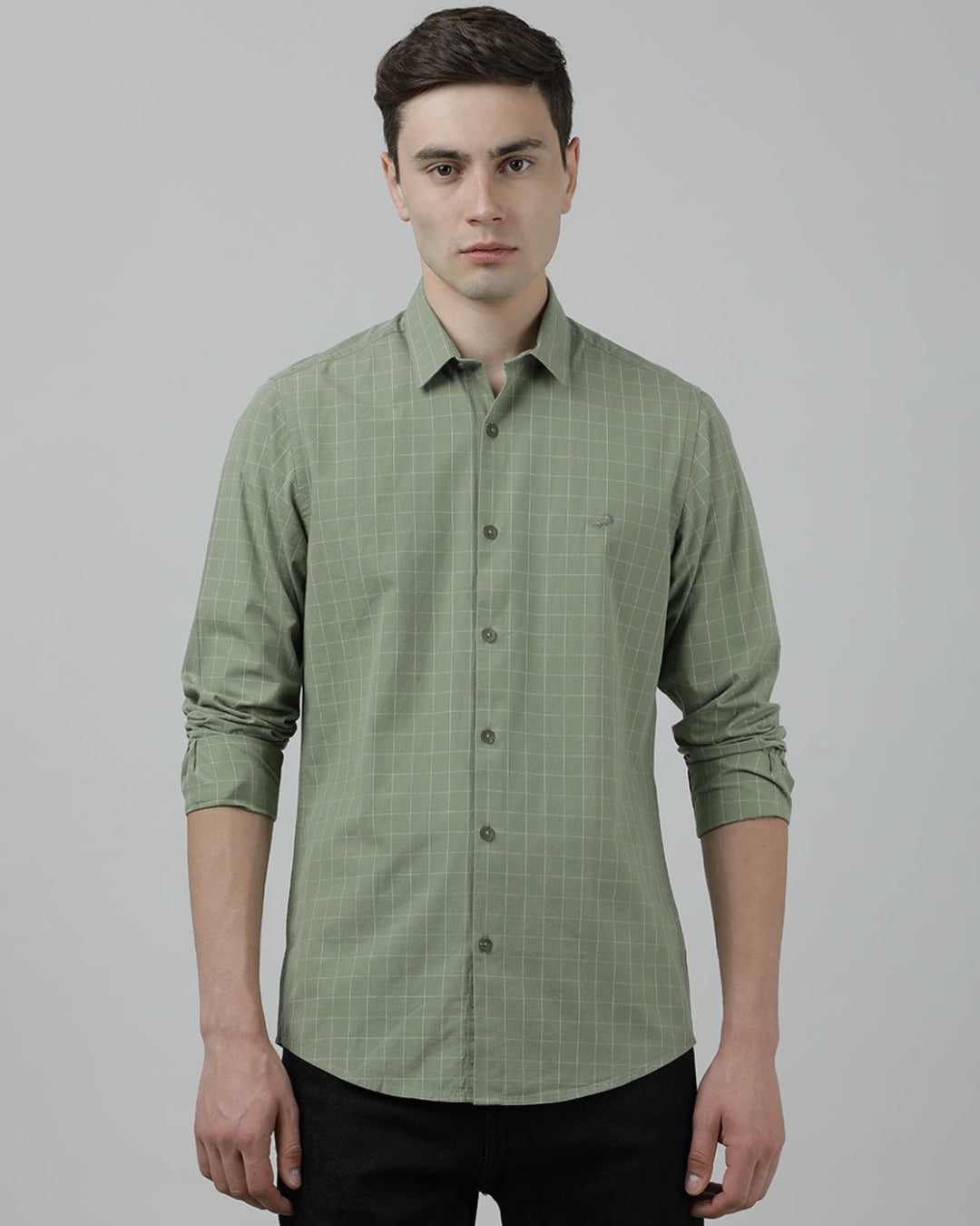 Casual Full Sleeve Slim Fit Checked Shirt Olive for Men