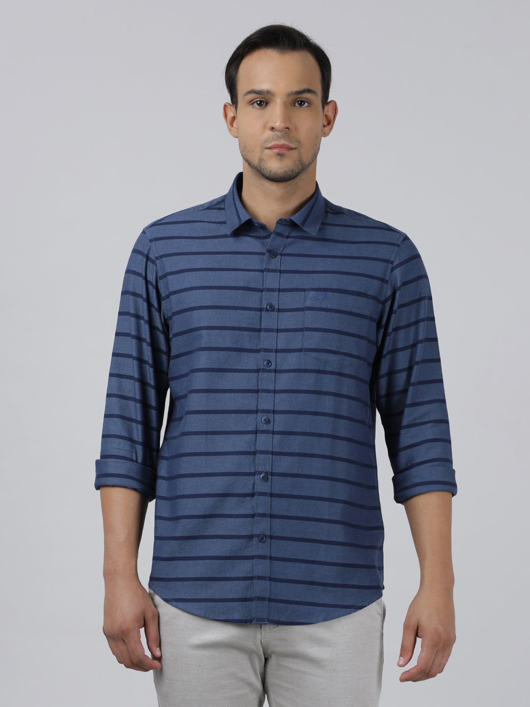 Casual Navy Full Sleeve Regular Fit Stripe Shirt with Collar for Men