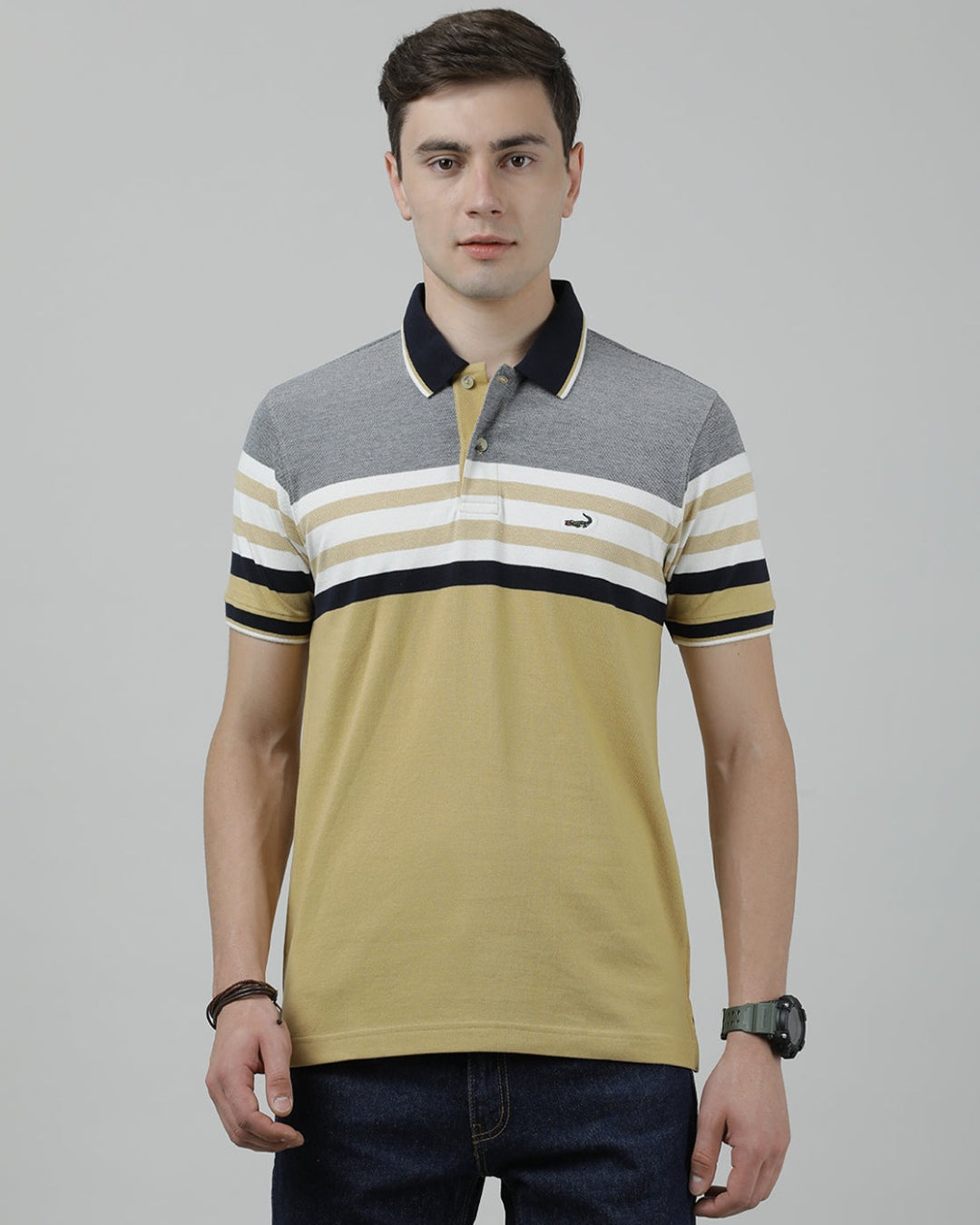 Casual Light Khaki T-Shirt Engineering Stripes Half Sleeve Slim Fit with Collar for Men
