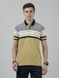Light Khaki Striped Casual Polo T-Shirt