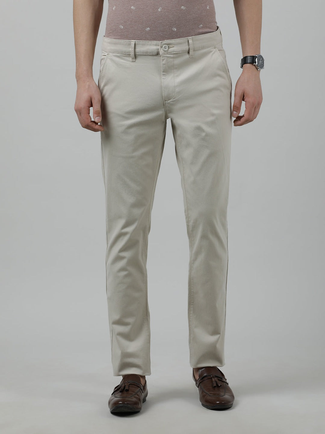 Casual Slim Fit Solid Beige Trousers for Men