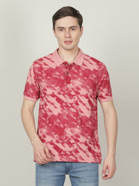 Pink Printed Casual Polo T-Shirt