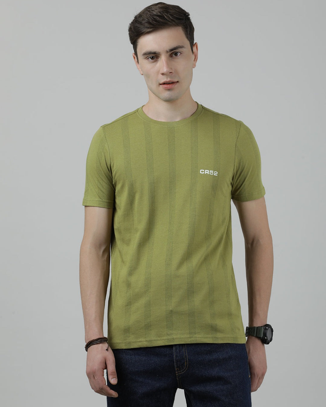 Casual Crew Neck Olive Printed T-Shirt Half Sleeve Slim Fit Jersey with Collar for Men