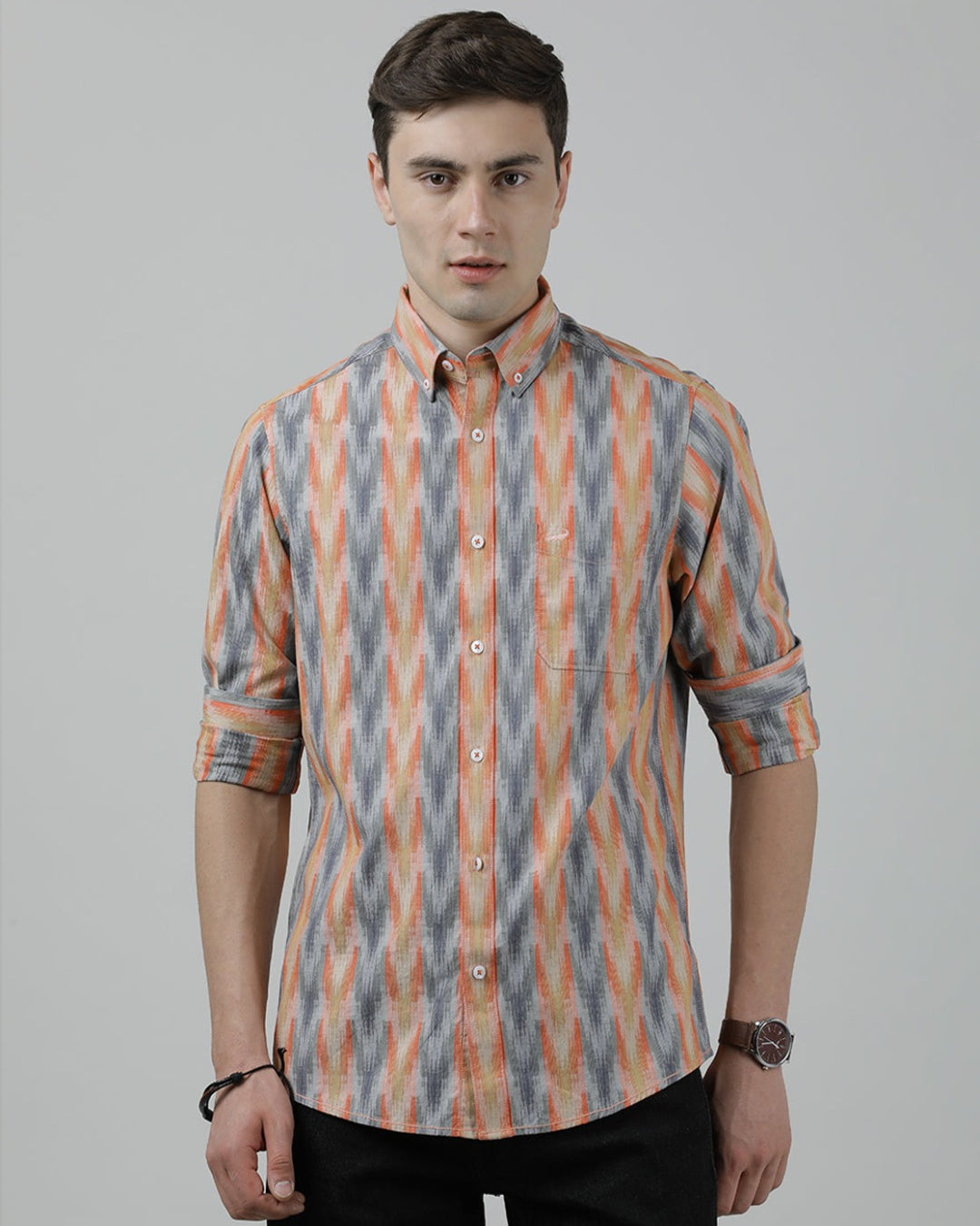 Casual Full Sleeve Slim Fit Stripe Shirt Orange for Men